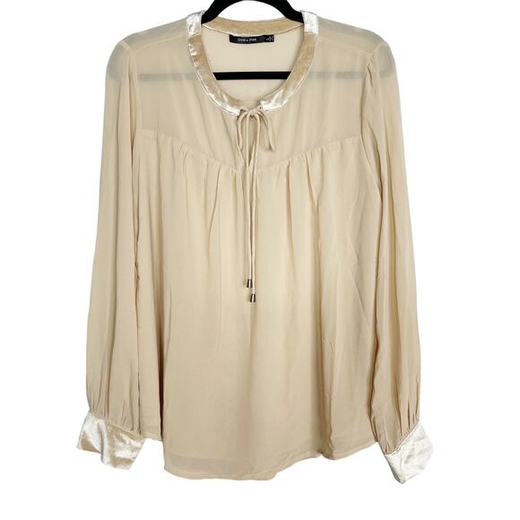 New Doe & Rae Large L Cream Pink Velvet Trim Pleated Long Sleeve Blouse Top - Picture 1 of 13